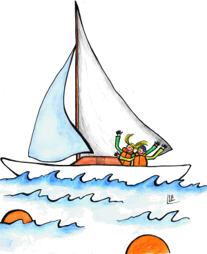 Mia og Marius på båten og ser de oransje bøyer